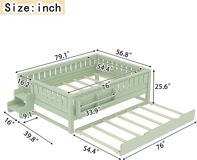 Bellemave Full Bed with Trundle and Stairs, Full Size Platform Bed Frame with Fence and Bookshelf, Easy Assemble Beds for Kids, Girls, Boys, Green