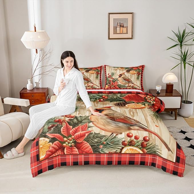 jejeloiu Kids Red Cardinal Comforter Set Twin Size Christmas Red Black Plaid Flower Bedding Set for Boys Girls Teens Xmas Birds Animal Lemon Winter Wood Plank Duvet Quilt Room Decor