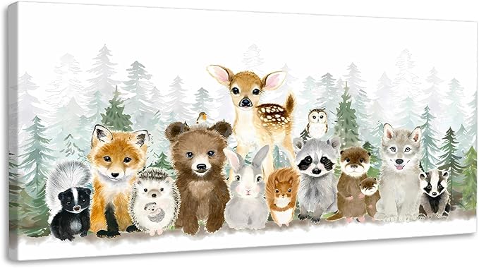 Woodland Animal Nursery Wall Art Watercolor Forest Baby Animal Nursery Wall Decor Printing Framed Fox Bear Deer Watercolor Poster Paintings Pictures for Boys Room Girls Room Home Decoration 12x24in
