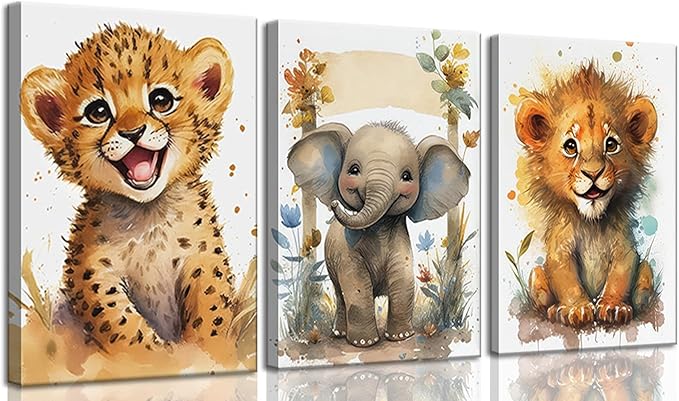 HKMXCD 3Pcs Baby Safari Animal Canvas Wall Art Jungle Watercolor Animal Wall Decor Picture Lovely Painting Artwork Kids Room Prints for Boy Girl Room Home decoration 12x16in