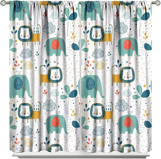 Cute Lions Blackout Curtains for Kids Bedroom,Cartoon Tropical Plants Birds Elephants Print Pattern Window Drapes,Funny Animal Thermal Insulation Curtain for Nursery Baby Room 42x54 Inch