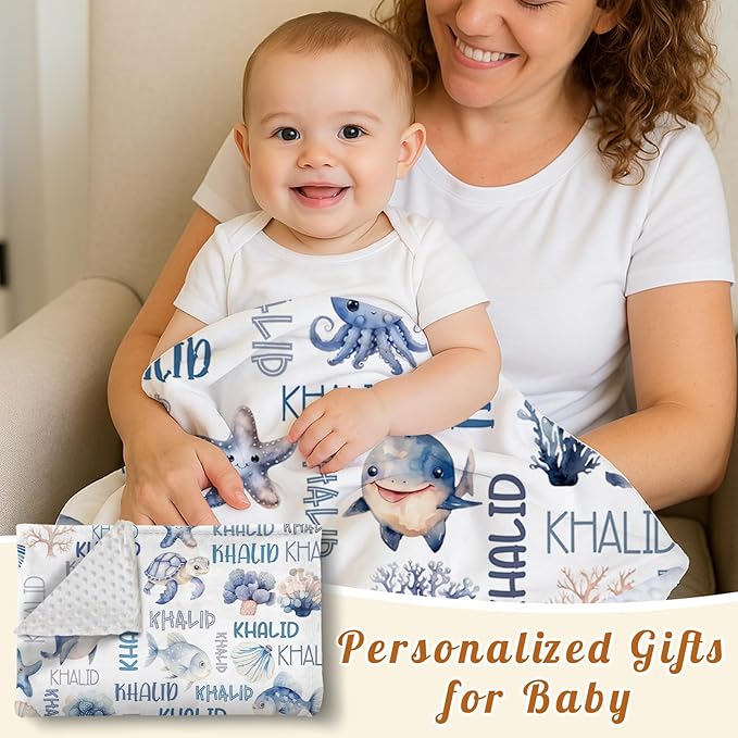 Personalized Baby Blanket with Name, Customized Blanket for Newborn Boys Girls, Ocean Animals Flannel Baby Name Blanket with Dotted Backing, Receiving Swaddle, Gifts for New Parents(47" x60)