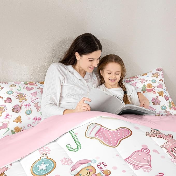 Cute Bow Tie Girls Bedding Set Twin Size,Pine Tree Merry Christmas Elk Deer Comforter Set,Bowknot Gingerbread Man Snowflake Quilt Comforter Teens,Pink White Colorful Room Decor All Season,1 Pillowcase