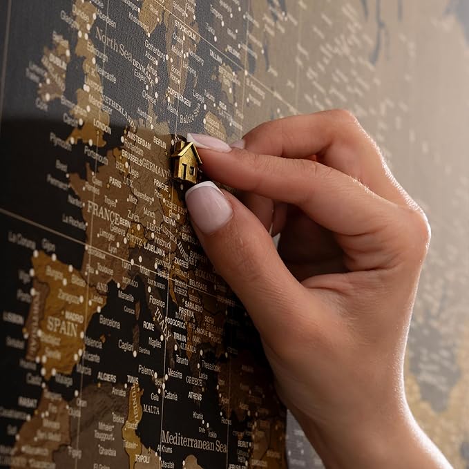 Canvas World Map with Cork Pin Board - English Lettering - Decorative Wall Decoration for All Rooms - Canvas Pictures with World Map Motif (120x80 cm, Pattern 5)