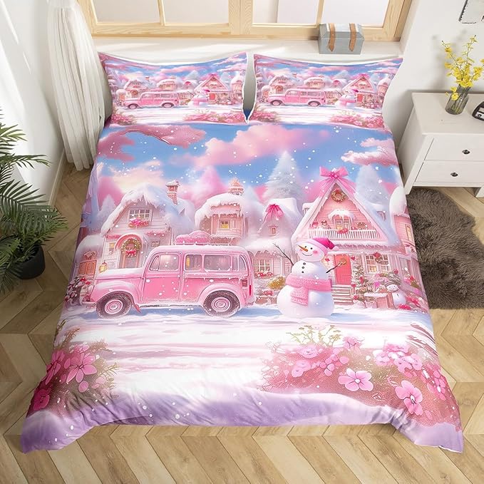 Manfei Christmas Duvet Cover Set Twin Size, Pink Truck Flower Snowman Bedding Set for Kids Girls Room Decor, New Year Theme Comforter Cover, Lightweight Bedspread Cover, 1 Pillowcase, No Comforter
