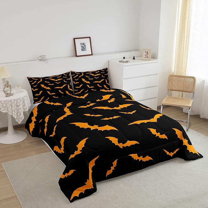 Erosebridal Bat Quilt Happy Halloween Decor Comforter Set Twin Size for Kids Boys Youth Gothic Spooky Bedding Set Orange Bats Silhouette Duvet Insert with 1 Pillow Case