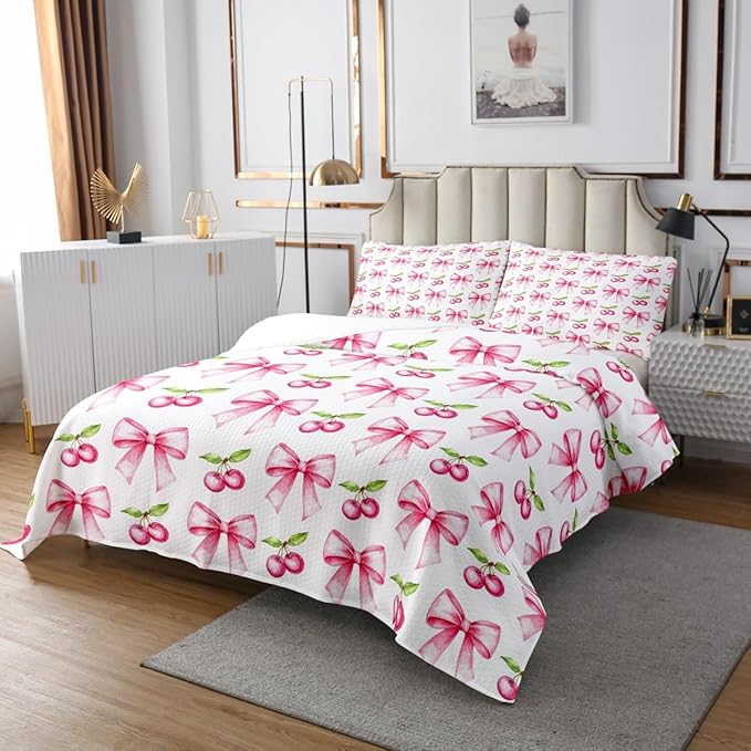 Pink Bowknot Kids Bedspread Twin Size,Cherry Tropical Fruit Cartoon Coverlet Set,Girls Women Room Decor,Bow Tie Butterfly Knot Princess Quilted Coverlet,Dreamy Fashion Bedding Quilt,1 Pillowcase