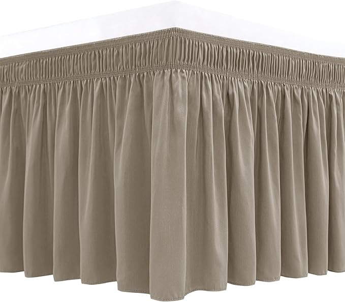 Biscaynebay Wrap Around Bed Skirts for King & Cal King Beds Short Drop of 12", Taupe Adjustable Elastic Dust Ruffles Easy Fit Wrinkle Resistant Silky Luxurious Fabric Machine Washable
