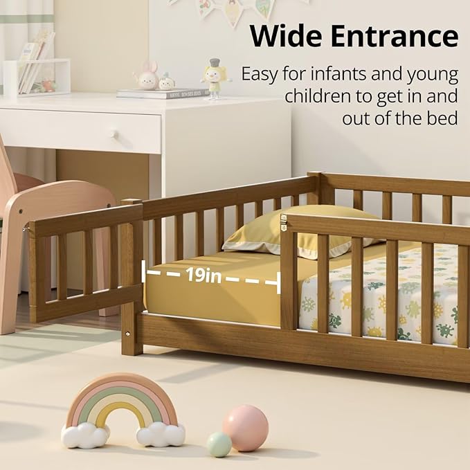 i-POOK Full Floor Bed Frame with Wood Slats, High Fence & Small Door, Pinewood Montessori Floor Bed for Girls and Boys,Light Espresso