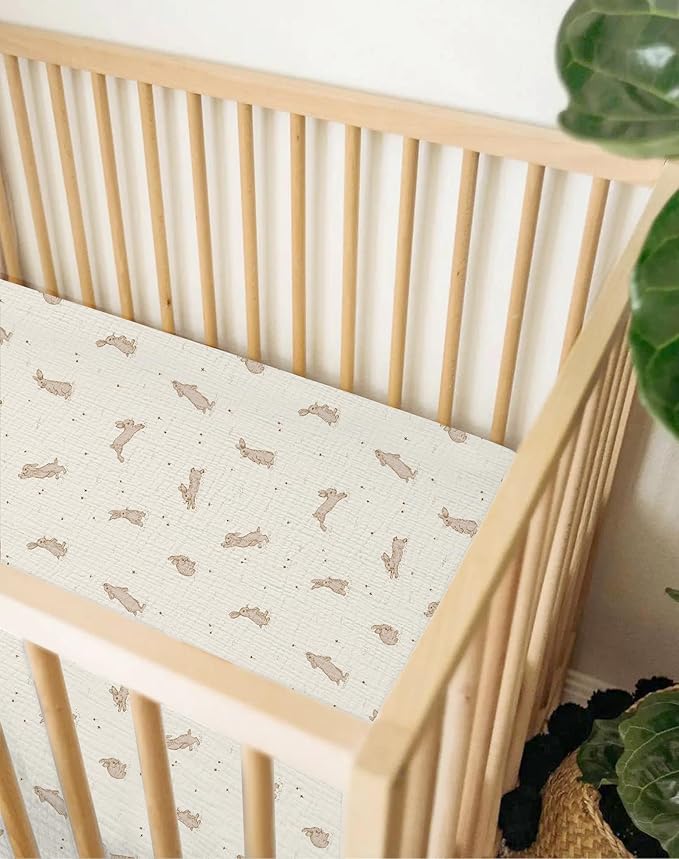 Crib Sheets for Baby Boy Girl 2 Pack, Fitted Crib Mattress Sheet 28" x 52", Muslin Toddler Bedding with Neutral Style, Nursery Bedding Essentials (Hopping Bunnies & Beige)