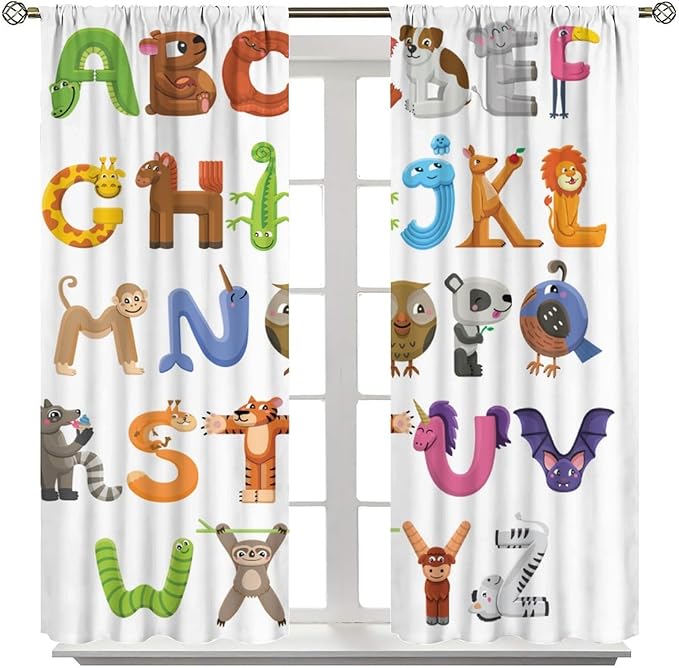 Kids Alphabet Curtains Cartoon Animal Baby Children Funny Learning Educational Curtain with Rod Pocket for Bedroom Nursery Decor Drapes Window Treatments 2 Panels Set 42x54 Inch