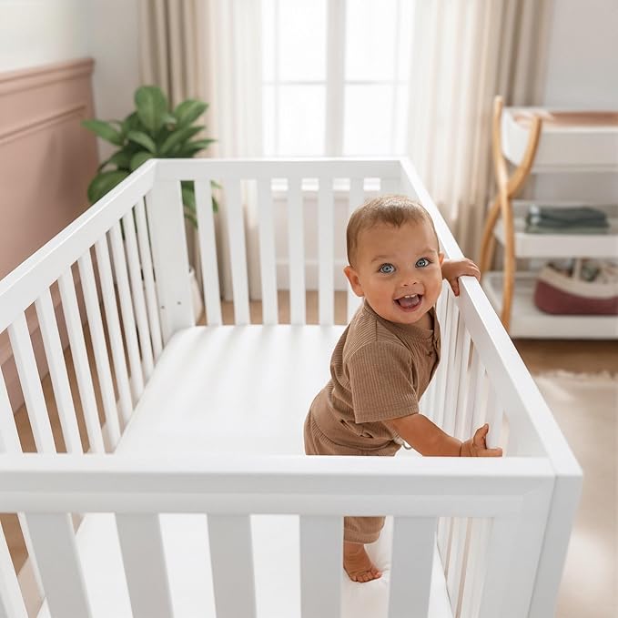 Comfy Cubs Baby Crib for 0 to 3 Years - Adjustable Mattress Height, Natural Wooden Crib for Baby, Elegant Nursery Furniture - 80 lbs Capacity Nursery Bed, Designed in The US - All White
