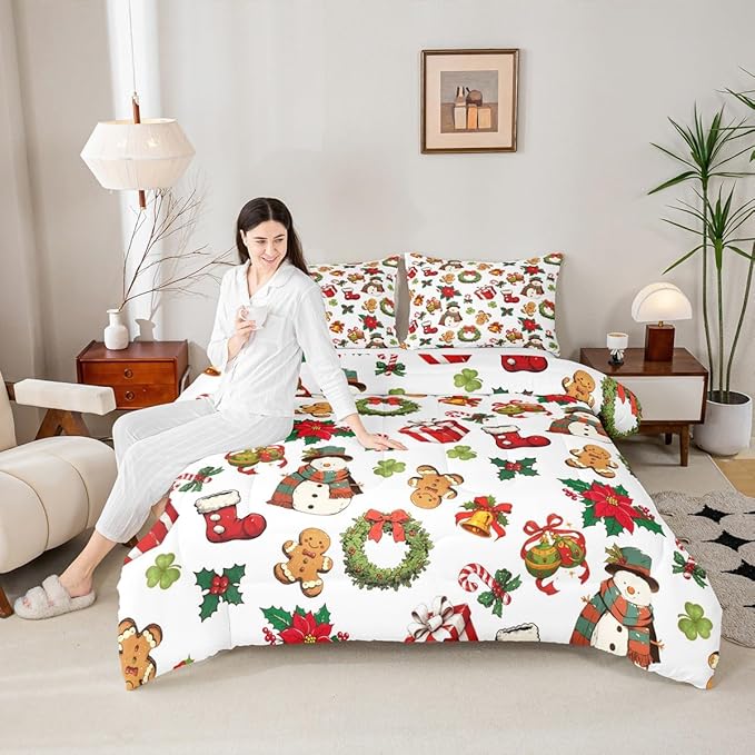 jejeloiu Merry Christmas Comforter Set Toddler Size Cute Snowman Bedding Set for Kids Boys Girls Gingerbread Man Duvet Quilt White Bedroom Decor