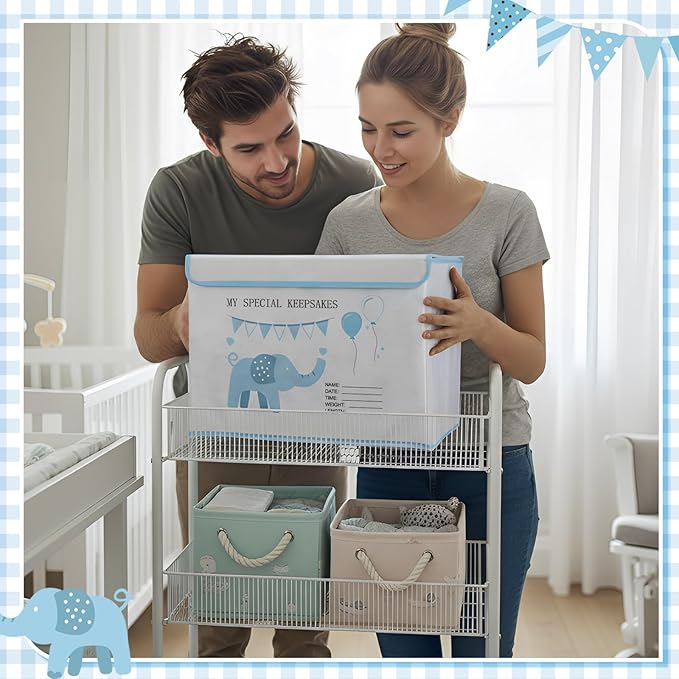 LemonRoad 16x12x12inch Baby Memories Keepsake Box Baby Shower Blue White Elephant First Keepsake Box New Parent Newborn Baptismal Birthday Gift for Mementos Travel Loved Ones Treasured Keepsakes