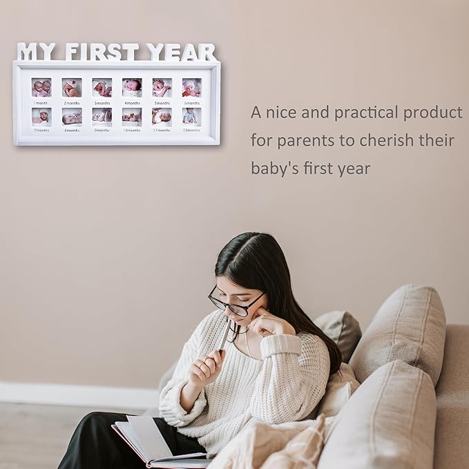 MICKYU My First Year Baby Picture Frame – 12-Month Milestone Photo Display, Personalized Monthly Growth Tracker, Newborn Shower Gift, Rustic White Décor for Nursery or Living Room