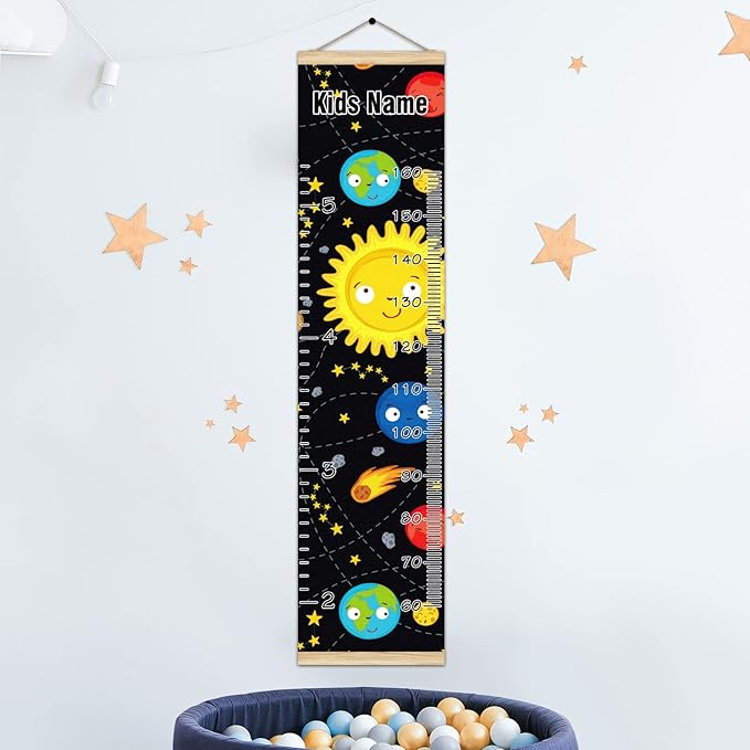 Personalized Kids Name Growth Chart Ruler for Wall Wood Frame Height Measure Chart 13.4x56 in Linen Hanging Height Growth Chart Space Stars Planets Galaxy Rockets Sun Kids Room Decor