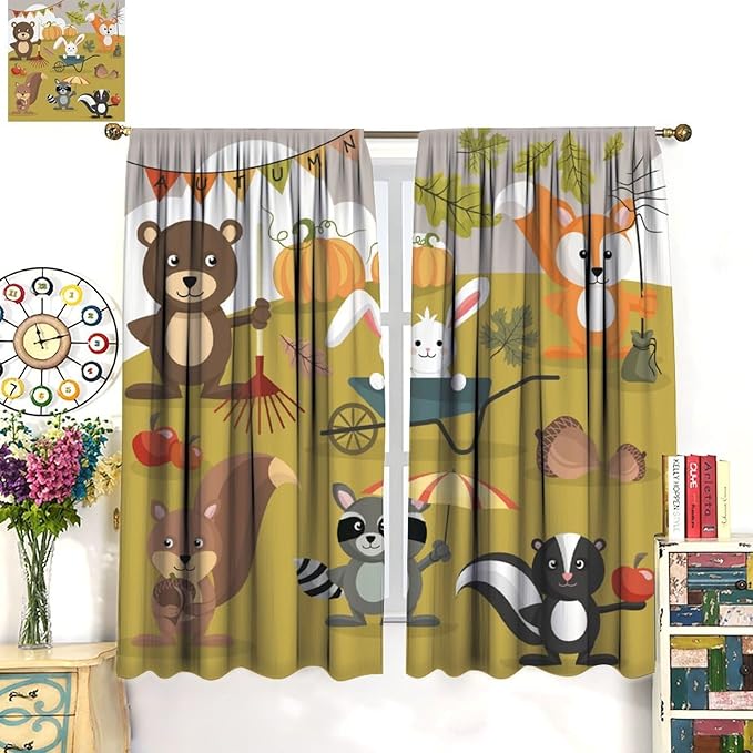 Cartoon Curtains, Jungle Animals Autumn Fun Pattern Blackout Window Treatments, Rod Pocket Thermal Insulated Drapes 2 Panel Sets for Children Boys Bedroom Nursery Classroom, 72" W X 63" L