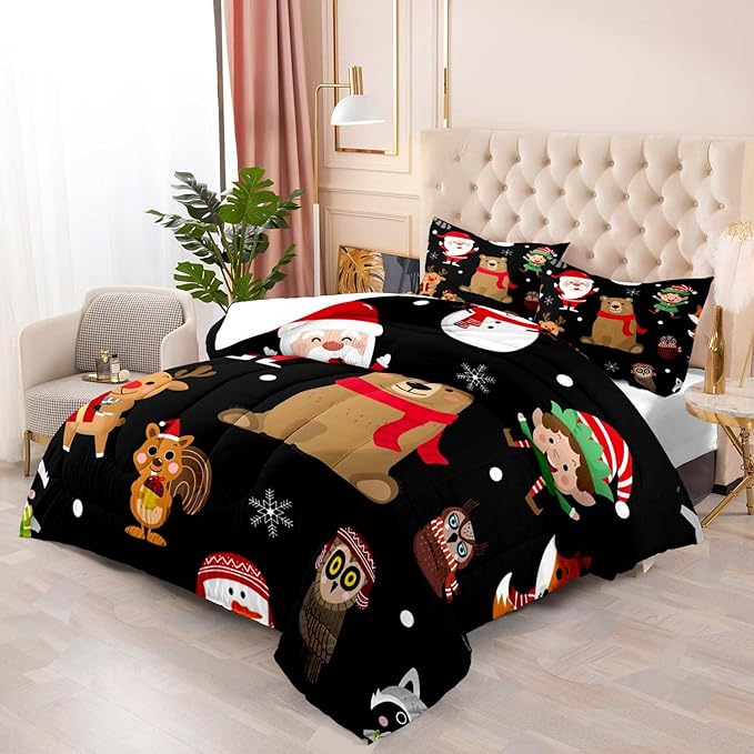 LUVIVIHOME 2PCS Merry Christmas Comforter Set Twin Size, Boys Girls Kids Bedding, Black Quilt, Funny Cute Cartoon Santa Claus Elf Owl Elk Reindeer Squirrel Xmas Christmas Bedroom Decor, 1 Pillow Sham