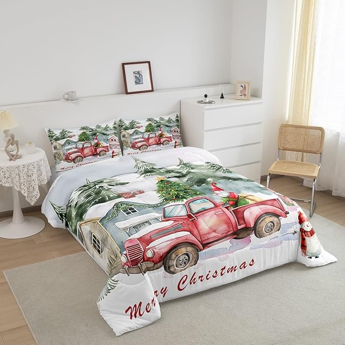 Red Old Truck Comforter Set King Size,Christmas Tree Gnome Duvet Insert for Kids Boys Girls Room Decor,Snowman Winter Rustic Style Bedding Set 3Pcs,Merry Christmas Retro Quilt Set,2 Pillowcases
