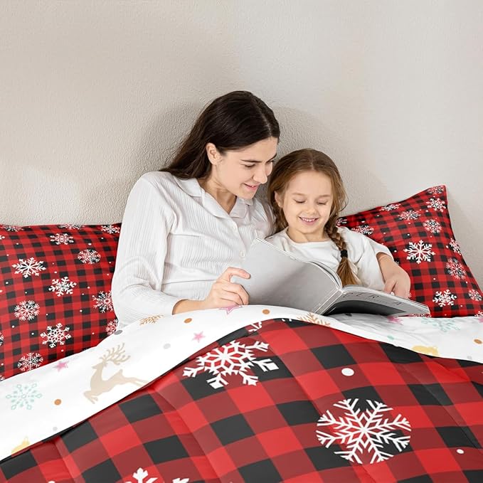 Feelyou Christmas Kids Comforter Set Queen Size Snowflake Red Bedding Set Red Black Plaid Duvet Quilt for Kids Boys Girls Bedroom Winter Snow Decor Microfiber Ultra Soft Breathable