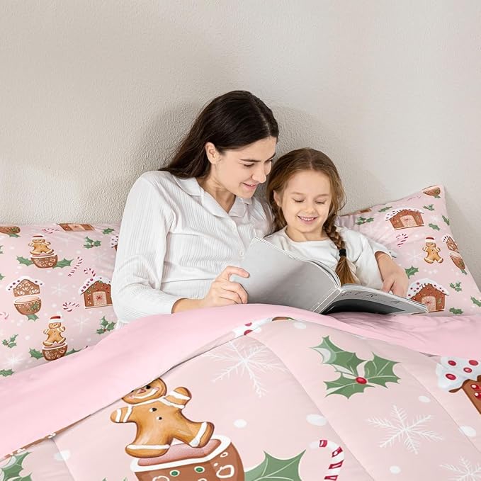 Feelyou Pink Christmas Comforter Set All Season Gingerbread Man Bedding Set with 1 Pillow Cases Christmas Pastry Microfiber Kids Toddler Bedclothes Candy Cane Bedroom Decor Duvet Quilt Breathable Soft