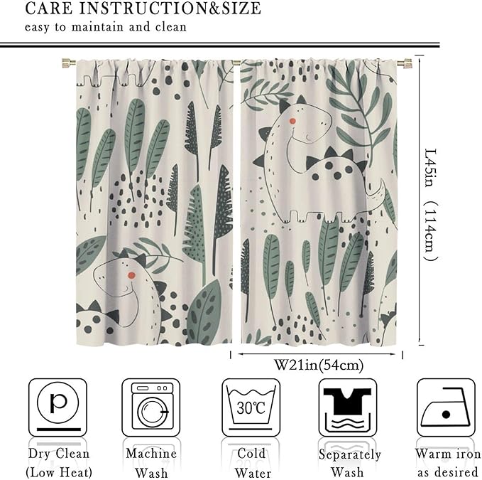 Funny Dinosaur Curtains, Jungle Cute Cartoon Animals Tropical Leaves Plant Beige Green Print Blackout Window Treatments for Kids Boys Girls Bedroom Living Room 42x45 Inch
