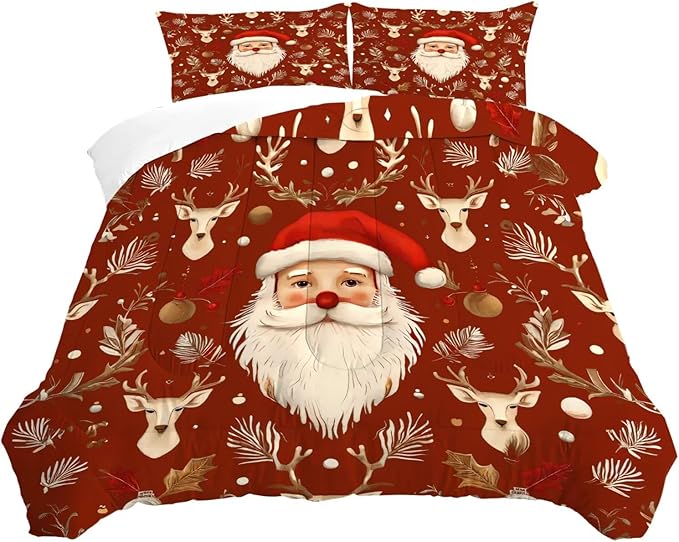 Red Christmas Comforter Set Twin Size Santa Claus Bedding for Kids Girls Women Xmas Reindeer Merry Christmas Bedroom Quilt Bed Sets, 1 Comforter 1 Pillowcase