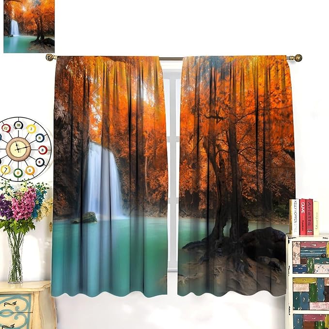 Forest Waterfall Blackout Curtains, Fall Leaves Trees Jungle Autumn Stream Country Nature Landscape Scenery Window Drapes, for Bedroom Living Room 84" W X 84" L