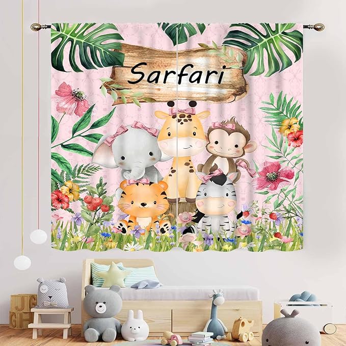 Kids Safari Animals Curtains, Cartoon Giraffe Elephant Monkey Woodland Jungle Tropical Leaf Pink Window Curtains for Boys Girls Baby Living Room Bedroom Nursery Classroom 2 Panels, 42"x45" Inch