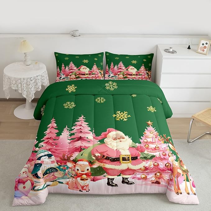 jejeloiu Merry Christmas Comforter Set King Size Santa Claus Bedding Set for Kids Boys Girls Cute Deer Duvet Quilt Green Bedroom Decor