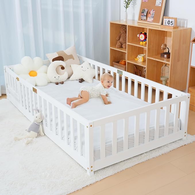 NAIZEA Twin Floor Bed for Kids-Twin Montessori Bed Frame with Wood Slats and Door and Slats, Wood Toddler Floor Beds for Girls and Boys