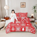 Kids Merry Christmas Comforter Set Full Size,Deer Snowflake Pines Silhouette Bedding,Girls Boys Adults Bedroom/Xmas Cabin Decor,Geometric Lattice Down Comforter,Red Bright Duvet Insert,2 Pillowcases