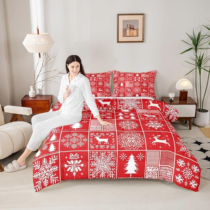 Kids Merry Christmas Comforter Set King Size,Deer Snowflake Pines Silhouette Bedding,Girls Boys Adults Bedroom/Xmas Cabin Decor,Geometric Lattice Down Comforter,Red Bright Duvet Insert,2 Pillowcases