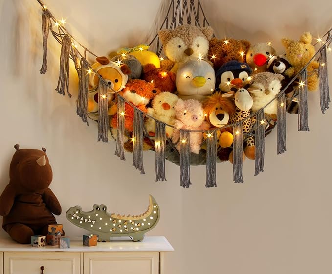 Stuffed Animal Hammock Corner Storage with LED Light - Toy Hammock Large Plushie Net - Stuffed Animal Holder Hanging Organizer - Teddy Bear Hammocks Room Decorations Preppy Toddler Kids Room Decor