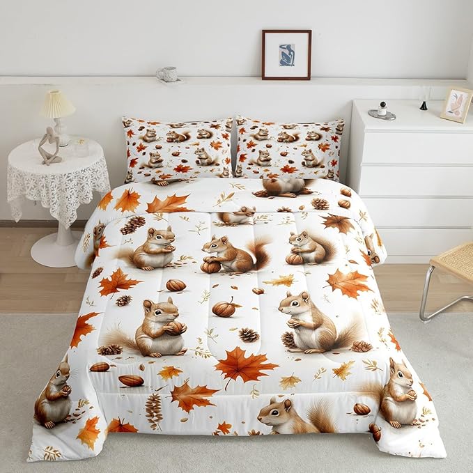 Feelyou Boys Girls Fall Autumn Duvet Cover King Size, Cute Squirrel Comforter Set Cartoon Animal Comforter Cover Kids Maple Leaf Teens Bedspread Cover Bedroom Decor Bed Set 3Pcs