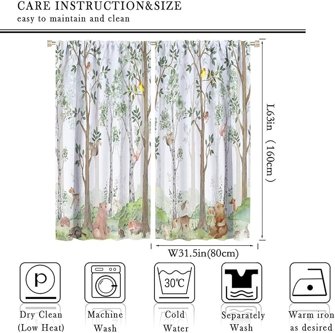 Kids Watercolor Woodland Animal Window Curtains, Bear Deer Squirrel Hedgehog Fox Birds Green Forest Blackout Rod Pocket Treatment for Boys Girls Bedroom 63x63in