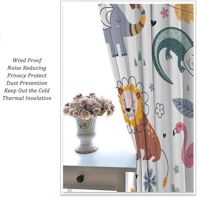 YCness Cartoon Forest Animals Curtains, Woodland Woodland Wild Giraffe Zebra Lion Hippopotamus Window Treatments for Kids Bedroom Living Room Home Nursery Drapes, 63x72 Inch