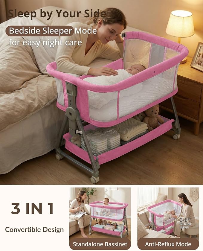 Baby Bassinet Bedside Sleeper, 3 in 1 Rocking Bassinet for Baby, Arms Reach Co Sleeper Bassinet with Wheels, Adjustable Height, Storage, Mattress & Canopy (Pink)