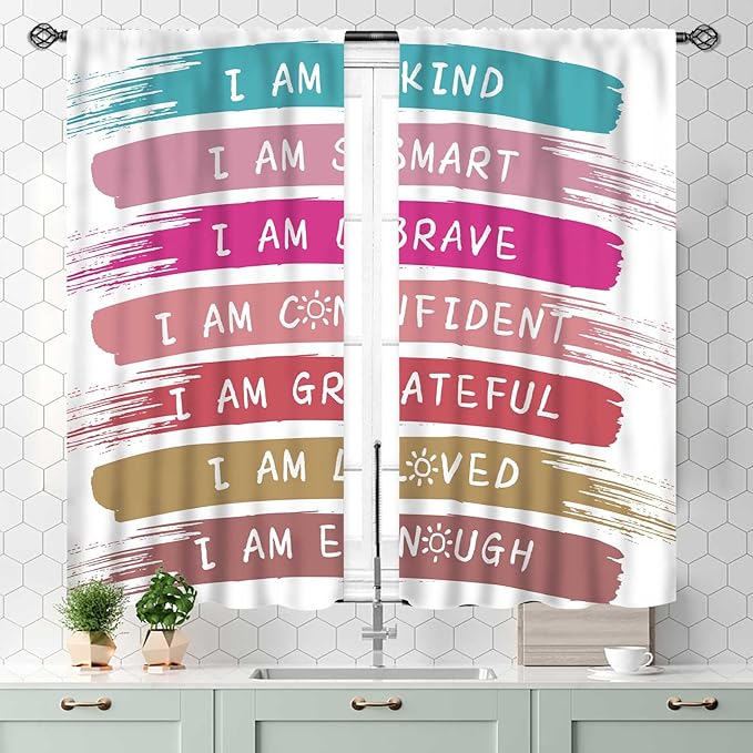 Rainbow Curtains for Classroom, Kids Girls Baby Boho Cute Inspirational Motivational Quotes Cartoon Colorful Pastel Nursery Classroom Bedroom Living Room Bathroom Window Drapes 2 Panels, 55x39 Inch