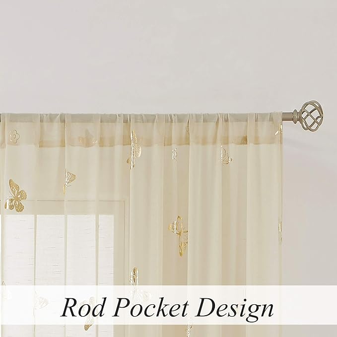 Jubilantex Butterfly Sheer Curtain Panels for Girls Nursery Bedroom, Toddler Gold Print Linen Textured Voile Farmhouse Rod Pocket Window Drapes 63 Inch for Kids Room, 2 Panels, Ivory/Beige