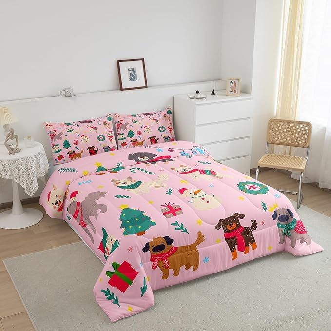 Erosebridal Cute Dog Comforter Set King Size Puppy Dog Cartoon Xmas Bedding Set Christmas Tree Quilts for Kids Boys Girls Bedroom Decor Snowman Duvet Insert with 2 Pillow Cases