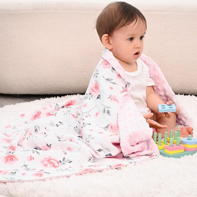 david's kids Muslin Minky Baby Blanket for Girls with Muslin Cotton Front and Dotted Fleece Backing, Breathable and Soft Lightweight Receiving Blanket for Newborns, 30x40 Inches, Floral