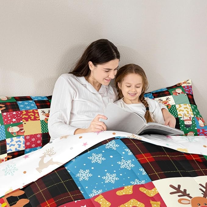 Feelyou Patchwork Christmas Bedding Set Soft for Boys Girls, Santa Claus Reindeer Comforter Set Queen Size Snowman Duvet Quilt Microfiber Snowflake Bedroom Decor 3 Pcs with 2 Pillow Cases