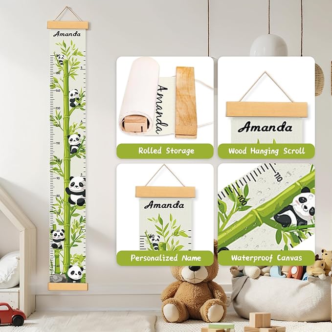 Personalized Name Height Chart for Kids, Kids Growth Chart for Wall, 59" X 7.9" Canvas Removable Height Chart Measuring Ruler for Kids & Baby(Painted Bamboo and Panda）