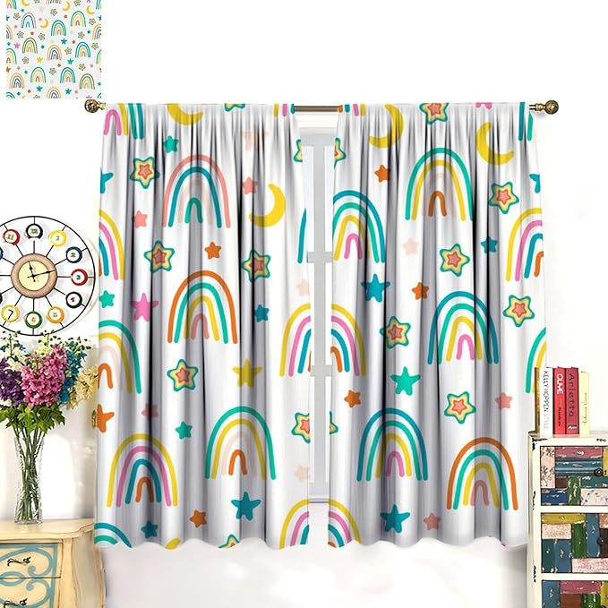 Kids Rainbow Curtains Cartoon Rainbow Abstract Bohemia Floral Lovely Stars Pattern Print Window Drapes for Girl Bedroom Living Room Kitchen Decor,2 Panel Set,42Wx63H Inch Blackout