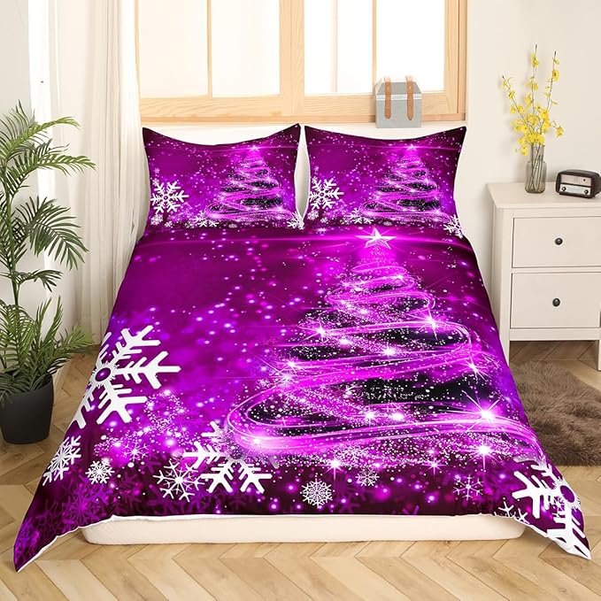 Manfei Purple Xmas Tree Duvet Cover Set Twin Size, White Snowflake Print Comforter Cover with 1 Pillowcase, New Year Theme Bedding Set 2pcs for Kids Boys Girls Bedroom Decor,No Comforter