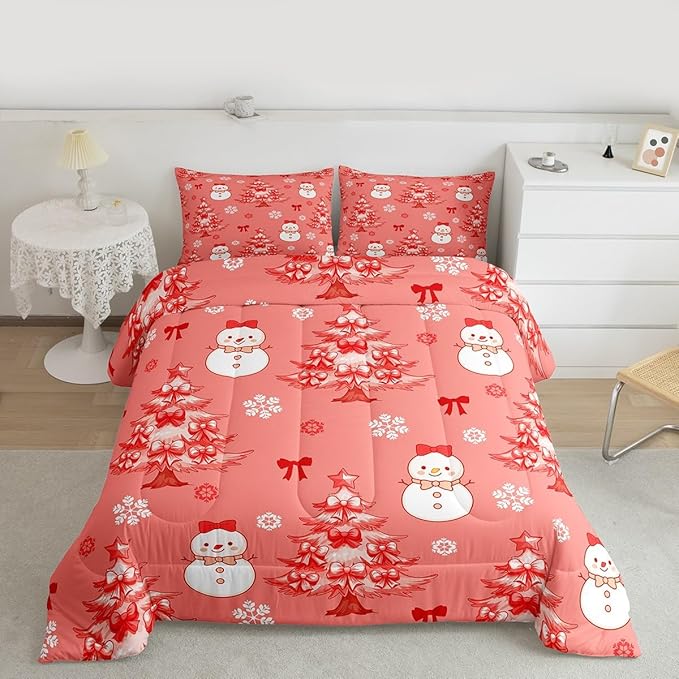Feelyou Merry Christmas Kids Comforter Set Full Size Cute Snowman Bedding Set Cartoon Bowknot Duvet Quilt for Kids Boys Girls Bedroom Christmas Tree Decor Microfiber Ultra Soft Breathable