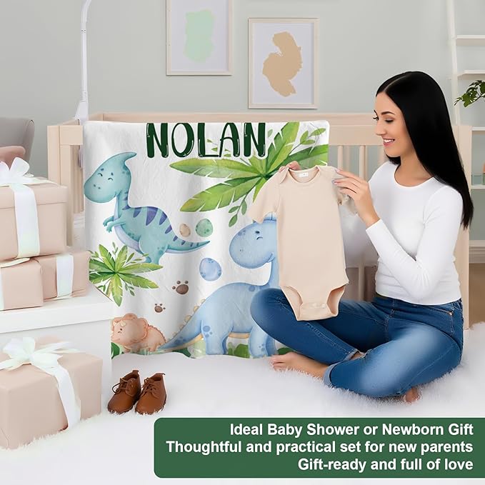 Personalized Baby Crib Bedding Set,3 Piece Custom Name Nursery Set with Blanket, Fitted Sheet & Pillowcase for Baby Girls & Boys, Dino Jungle Theme(Fixed Size)