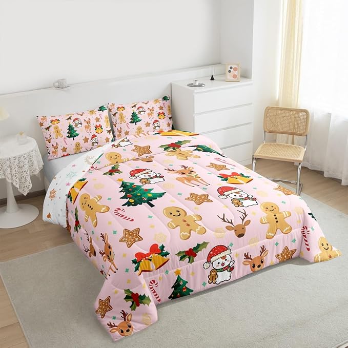 Feelyou Merry Christmas Bedding Set Soft for Boys Girls, Gingerbread Man Comforter Set King Size Cute Deer Duvet Quilt Microfiber Christmas Tree 3 Pcs with 2 Pillow Cases
