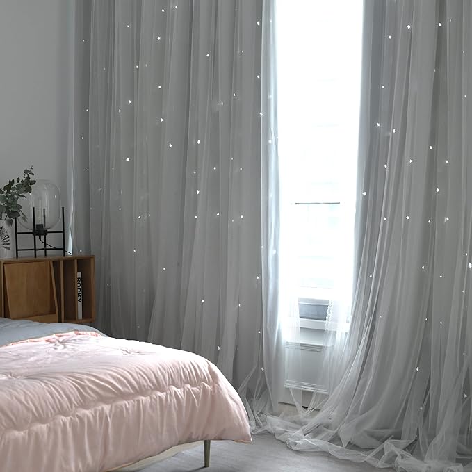 Kinryb Kids Star Cutout Curtains for Bedroom/Living Room/Classroom,2 Free Tiebacks Sheer Overlay 2 Panel Set, Double Layer Curtains for Kids Room(Each Piece W70 x L63 Inches 2 Pcs Greyish White)